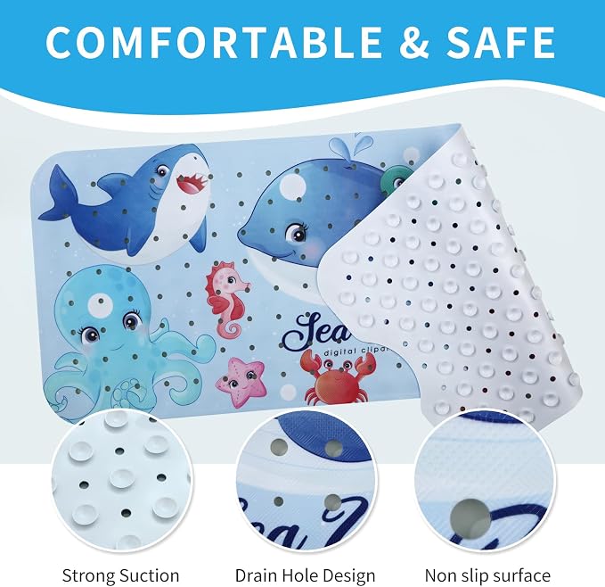 Bath Tub Shower Mat Non Slip Kids Bathtub Mat Anti Slip Baby Bath Mat for Tub 40 x 16 Inch Extra Long Toddler Bath Mat with Suction Cups and Drain Holes for Bathroom Floor,Machine Washable,Big Whale