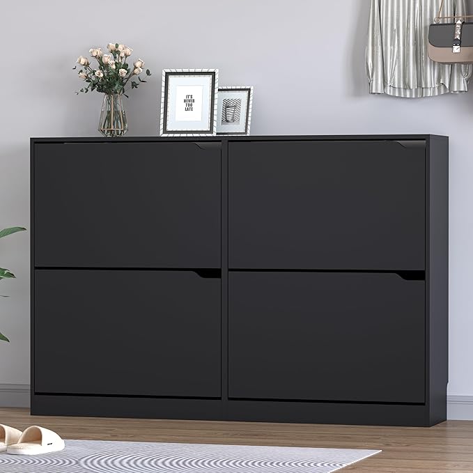BORNOON Shoe Cabinet with 4 Flip Drawers, Narrow Hidden Shoe Storage Cabinet, Slim Freestanding Shoe Rack Organizer for Entryway, Hallway, Bedroom, Living Room