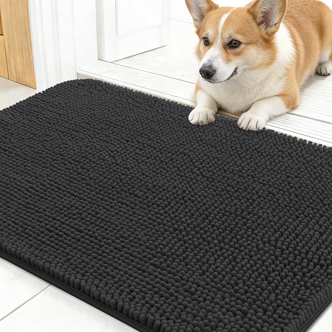 OLANLY Dog Door Mat for Muddy Paws 24x16, Absorbs Moisture and Dirt, Absorbent Non-Slip Washable Doormat, Quick Dry Chenille Mud Mat for Dogs, Entry Indoor Entryway Carpet for Inside Floor, Dark Grey