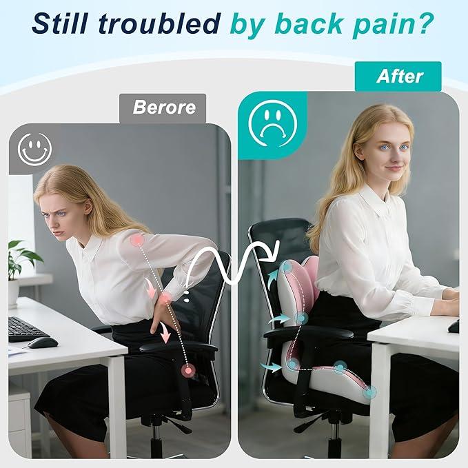 Seat Cushion for Office Chair and Car, Lumbar Support Pillow for Office Chair, Memory Foam Ergonomic Seat Cushion for Long Sitting, Back & Tailbone Pain, Sciatica - Pink & Gray