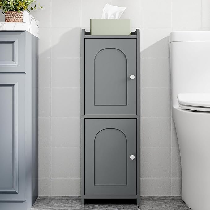 Hzuaneri Bathroom Storage Cabinet, Small Corner Floor Cabinet with 2 Doors and Adjustable Shelf, Narrow Toilet Paper Cabinets, Bathroom Organizer for Small Spaces, 7.9" D x 9.8" W x 29.5" H Gray