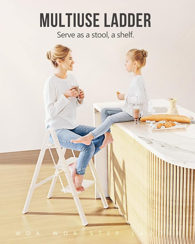 WOA WOA 3 Step Ladder, Foldable Step Stool, Lightweight Ladder for Home Kitchen Closet, Anti-Slip Aluminum Pedals, Ease of Folding, Portable, 300lbs Capacity - White