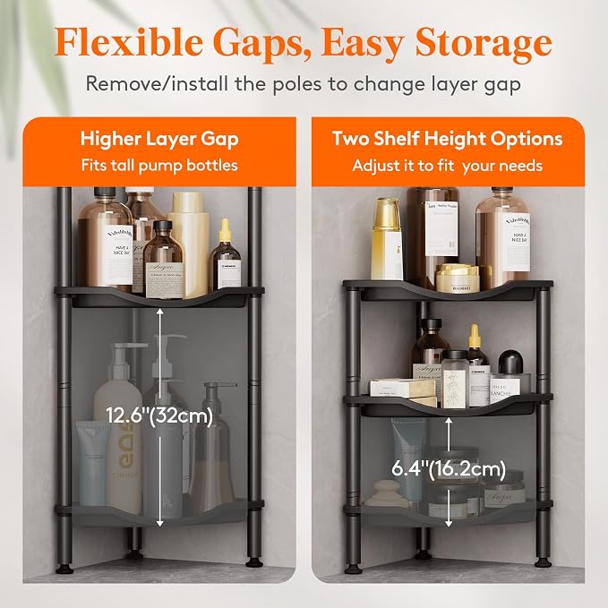 Lifewit Floor Standing Shower Caddy Corner, 3 Tier Plastic Shower Stand Rack with Adjustable Feet and Hooks, Rustproof Bathroom Shelf Organizer, Black, 34 x 24 x 75 cm/13 x 9.5 x 29.5 inch