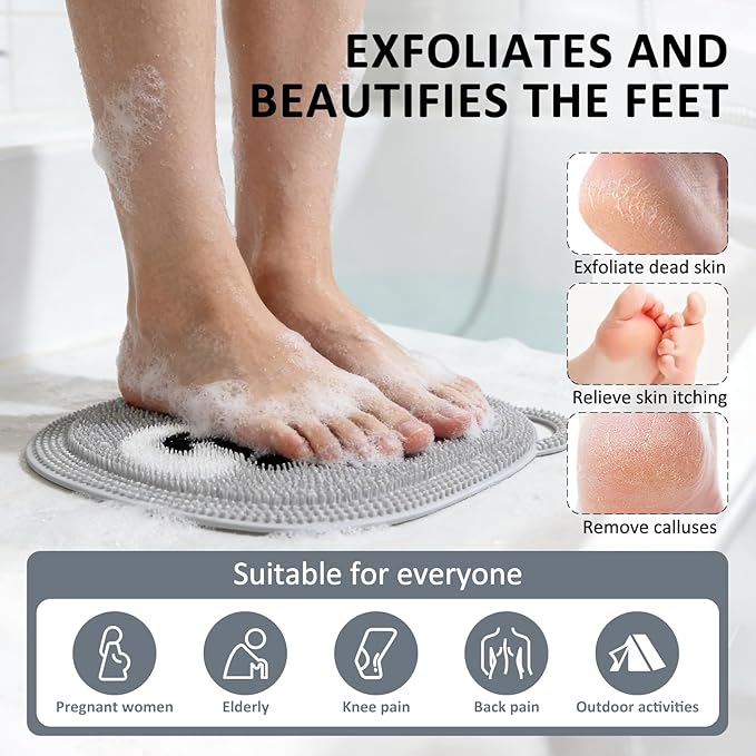 Foot Scrubber - Silicone Bath Mat for Exfoliating & Massaging Feet in Shower - Non-Slip Suction Cups, Dead Skin Remover, Callus Cleaner for Men & Women 12.6 x 10.2 inch Grey