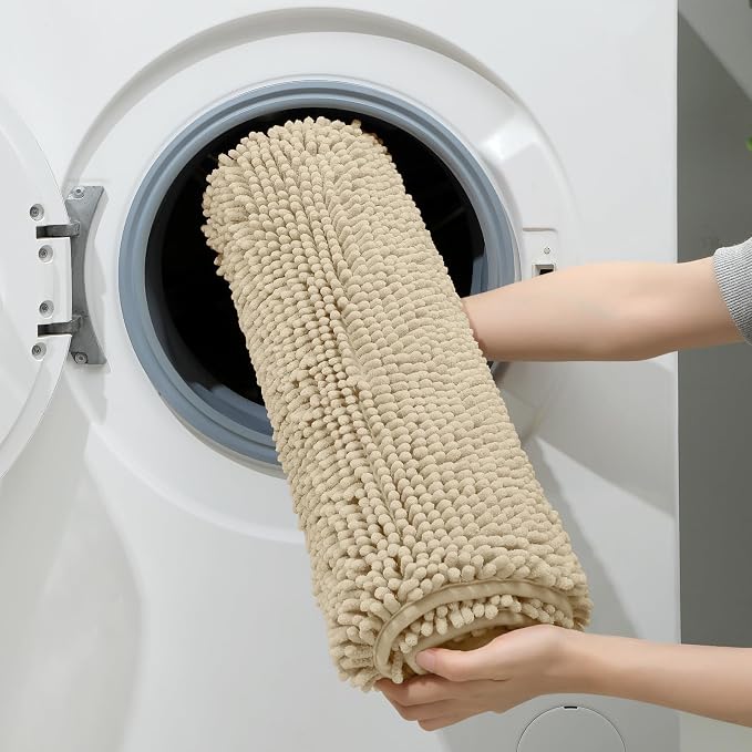 HOMEIDEAS 3 Pieces Bathroom Rugs, Extra Large Ultra Soft Non Slip Absorbent Chenille Toilet Bath Mat Set (Beige)