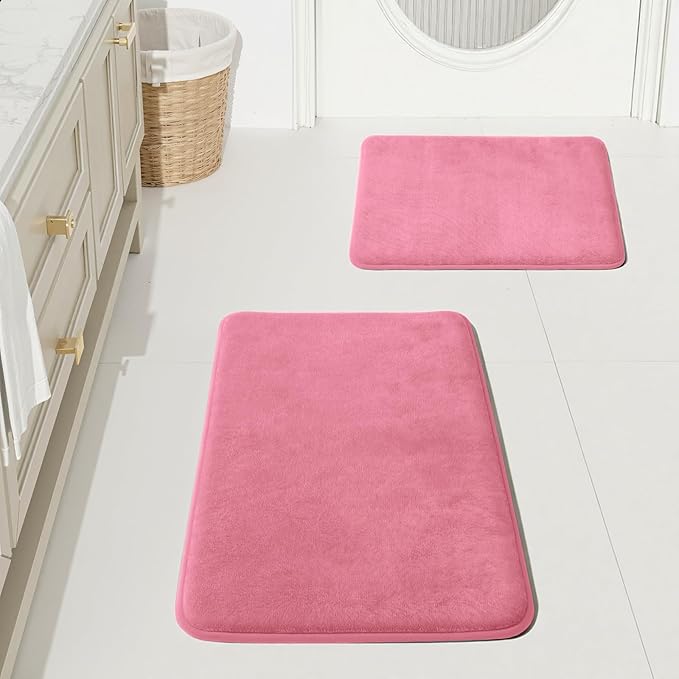 HUXMEYSON Bathroom Rugs Sets 2 Piece, Non-Slip & Quick Dry Bath Mat Set, Ultra Soft Velvet Bath Rugs for Bathroom, Toilet and Shower Floor, Pink