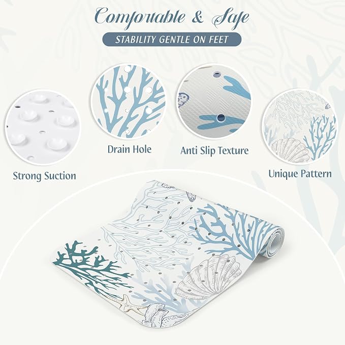SHUCHING Starfish Coral Bath Mat for Tub Non Slip-40 X 16Inch, Bathtub Mat Anti Slip, Long Shower Mat for Bathroom Mold Free, Machine Washable
