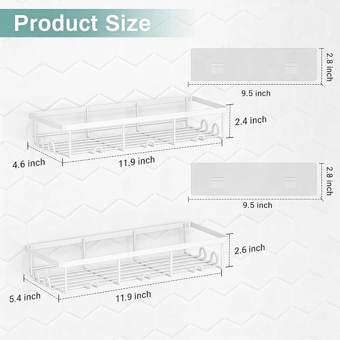 White Shower Caddy Organizer, 2 Pack Adhesive Shampoo Holder Basket Shelves for Storage and Organization, Wall Suction Bath Bathtub Rack Set for RV Camper, Bathroom Restroom Decor and Accessories