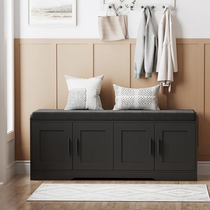 Homleke 2-Tier Storage Bench, Shoe Bench with Thickened Padded Seat Cushion, Entryway Bench with 4 Doors, Adjustable Shelf, 13.8" D x 45.3" W x 18.5" H, for Entryway, Living Room, Bedroom, Black