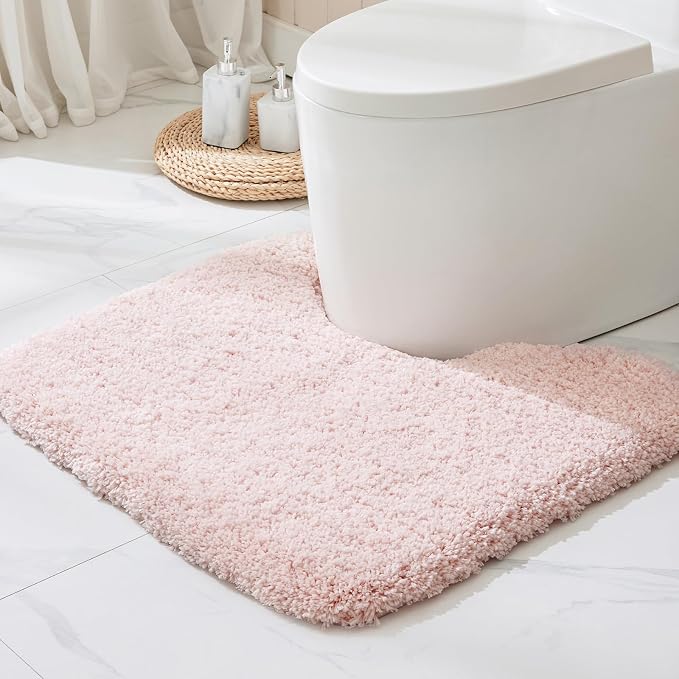 Disolla Toilet Rug 22x24 Non Slip Fluffy Toilet Floor Mat U Shaped Washable Bathroom Contour Rug for Toilet Absorbent Thick Toilet Carpet, Sakura Pink