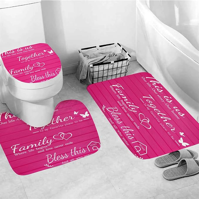 4Pcs Family Shower Curtain Sets with Non-Slip Rugs, Toilet Lid Cover and Bath Mat, Pink Home Bathroom Decor Set Accessories Waterproof Shower Curtains with 12 Hooks, 72 x 72 Inch
