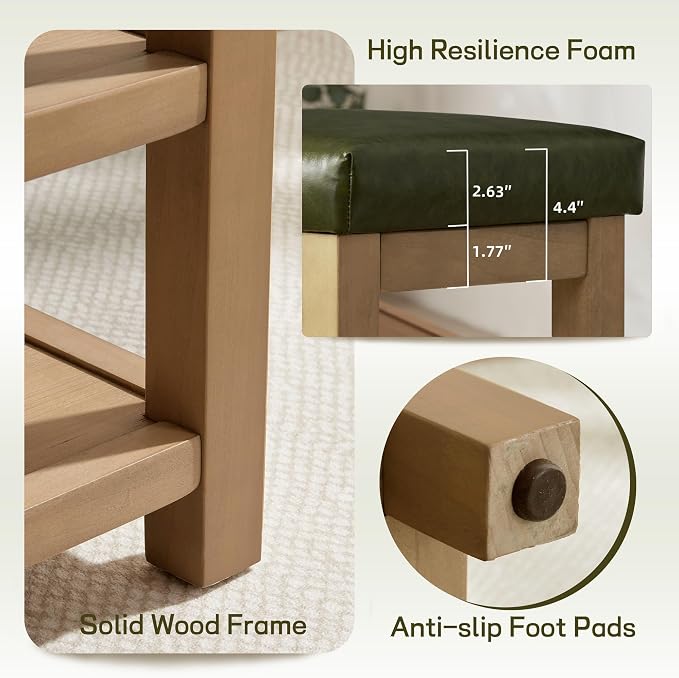Zihanhome Shoe Rack Bench with Leather Cushion, 2 Tier Solid Wood Storage Bench, Mid-Century Modern Shoe Bench for Entryway, Hallway, Closet, Front Door Entrance, Foyer (Green, 46.5)