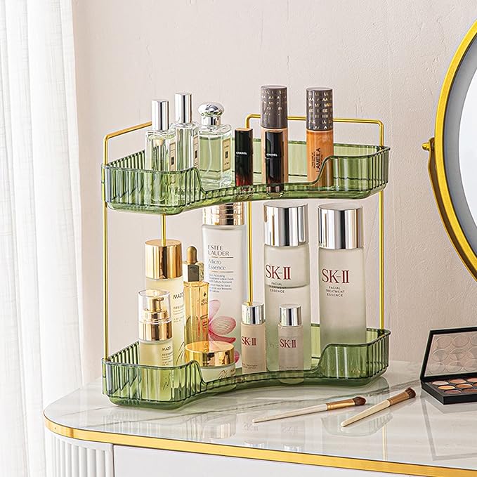 shuang qing 2-Tier Corner Bathroom Counter Organizer – Storage Shelf for Makeup, Perfume & Skincare, Space-Saving Countertop Tray Fits Bathroom, Dresser, Kitchen (Green)