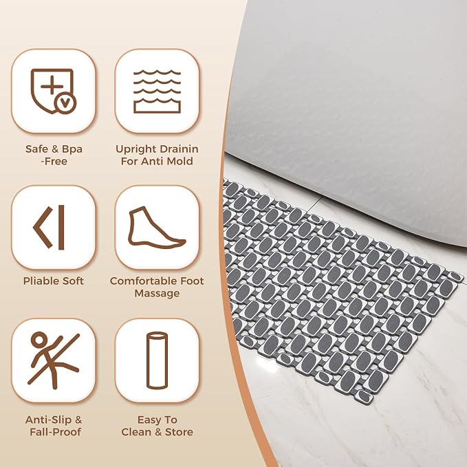 Bathtub Mat Non Slip for Bathroom with Suction Cups and Drain Holes 35.4 * 15.7 Grey Shower Mat for Inside Shower, Quick Dry Bath Mat for Kids Seniors Pregnants Adults, Easy to Cut, Easy Dry