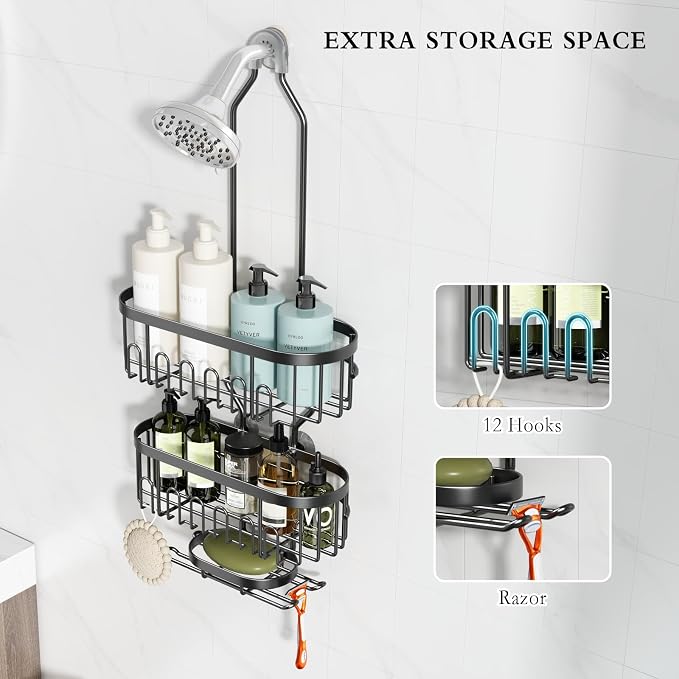 CICUFY Shower Caddy Hanging, Rustproof Bathroom Shower Organizer Hanging, No Drilling Over the Shower Head Caddy with Hooks for Razor, Shower Shampoo Holder with Soap Basket, Black