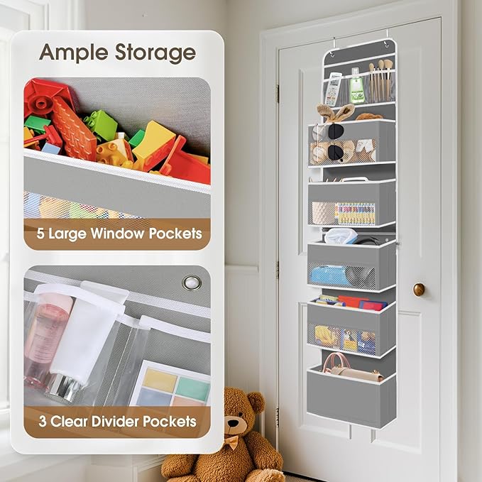 SpaceHacks 6-Tier Over The Door Organizer, Hanging Storage Organizer with Clear Window, 40lb Ultra Sturdy Large Capacity Room Organizer for Pantry Bathroom Nursery Closet Baby Essential (Grey)