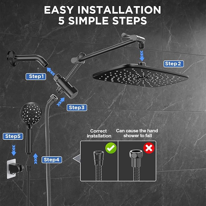 Veken 11.8" Rain Shower Head with Handheld, High Pressure Handheld Shower Heads with Multi Spray Modes, Rainfall Combo with 15" Metal Extension Arm,Detachable Dual Shower, Long 6 ft. Hose,Matte Black
