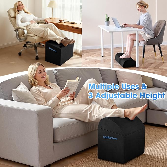 Foot Rest for Under Desk at Work - Non-Slip Foot Stool with 3 Adjustable Heights, Ergonomic Under Desk Footrest with Washable Cover for Leg Elevation, Desk, Home, Office, Car (Black)