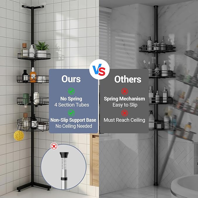 Standing Shower Caddy Corner, 4-Tier Adjustable Height Bathroom Organizer, 6-Section Pole, Sturdy Floor Standing Shelf for Shower – No Drilling, No Spring Tension
