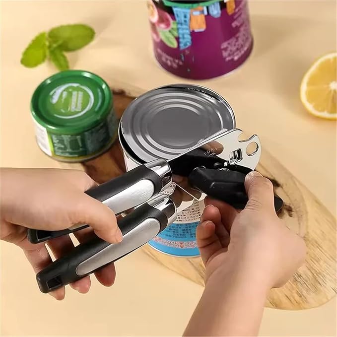 Multifunctional Stainless Steel Manual Can Opener and Bottle Opener, Heavy Duty Hand Held Can Opener with Easy Turn Knob, Sharp Blade Smooth Edge, Good Grips Kitchen Tool for Seniors (Black Silver)