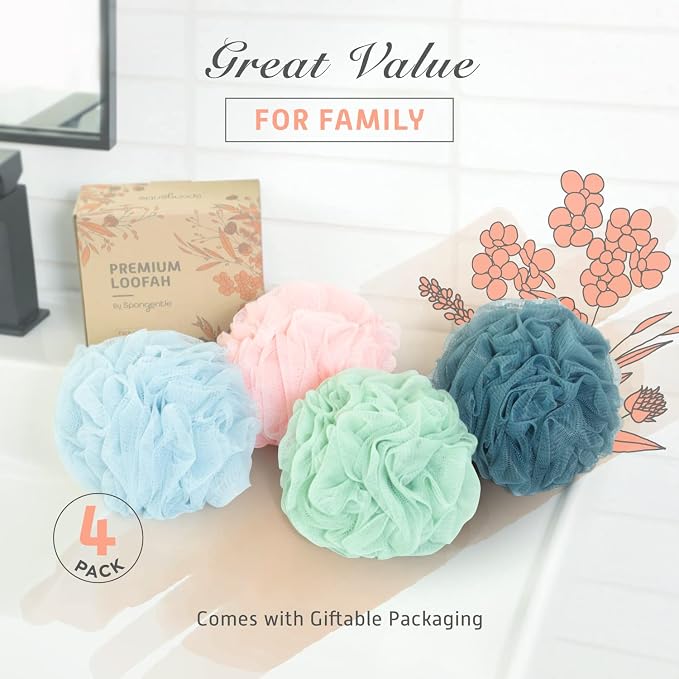 Spongentle Shower Loofah Bath Sponge, Body Scrubber with Soft Mesh, Exfoliating Bath Pouf and Body Wash Sponge for Women and Men, Bath Accessories Cleaning Tool, Large 60g 4 Pack