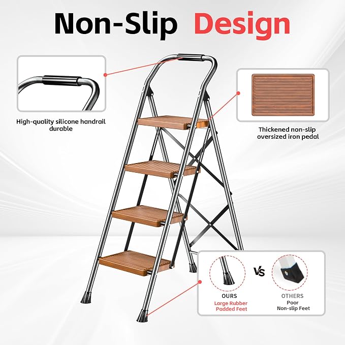 Step Ladder Foldable Folding Stool - for Home Adults Kitchen 4 Stepping Extension Tall Heavy Duty with Handrails - Closet Stepstool Stair Ladders Extendable Stepladder for Indoor House 600Lbs