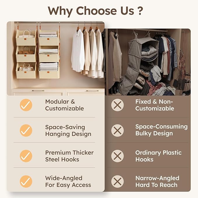 Homsorout Collapsible Hanging Closet Organizer - 3 Tier Closet Shelves Storage System with Hooks, Fabric Hanging Storage Bins for Clothes, Foldable Storage Basket for Laundry, Bedroom, Rv, Beige