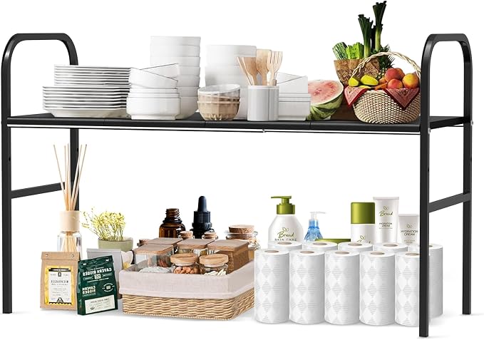 Expandable 2-Tier Under Sink Organizer, 8 Removable Plastic Boards, Tool-Free Installation (Black, 1-Tier 4 Boards)