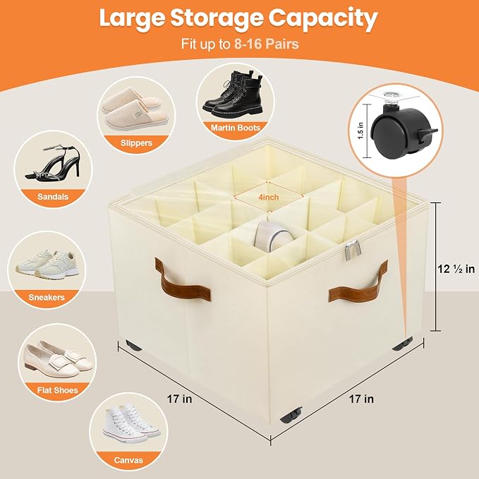 Foyego Shoe Organizer for Closet, Shoe Storage Organizer with Wheels and Adjustable Dividers, Stackable Shoe Storage Box with Clear Cover, Foldable Closet Shoe Organizer Fits up to 16-32 Pairs, Beige