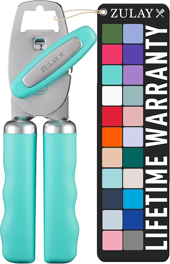 Zulay Kitchen Heavy Duty Stainless Steel Can Opener Manual with Bottle Opener - Rust Proof Manual Can Opener With Turn Knob & Comfy Soft Grip Handles - Teal