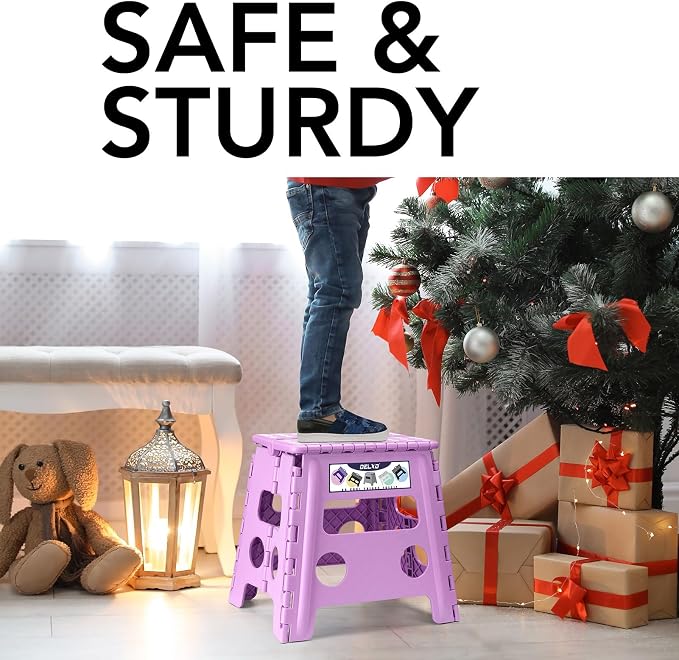 Delxo 13 inch Folding Step Stool, Non-Slip Foldable Stools Up to 300 LBS, Step Stool with Handle, Lightweight for Kitchen, Bathroom, Bedroom, Garden, Light Purple, 1PC