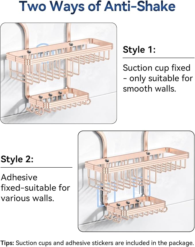 YASONIC Never Rust Shower Caddy Hanging, Aluminum Shower Racks for Inside Shower, 3-Tier Shower Organizer Hanging Over Shower Head with Hooks and Soap Holder, Rose Gold