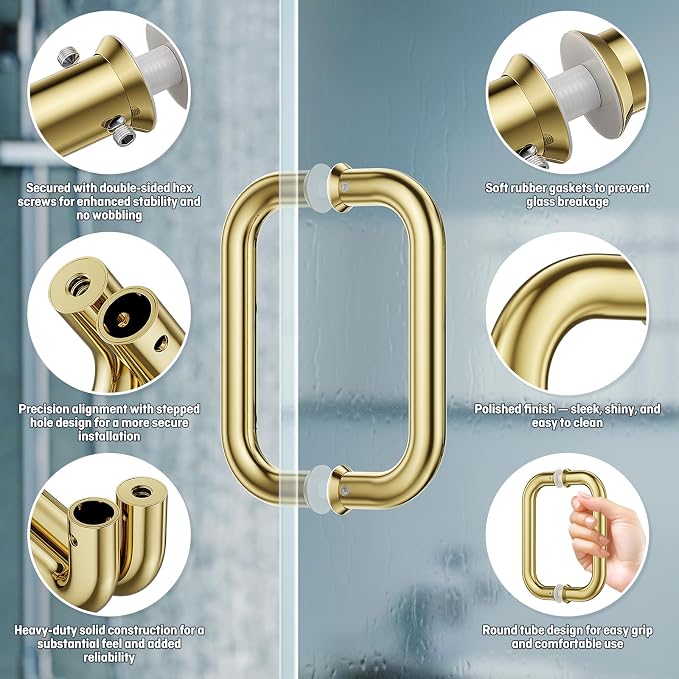 Ranbo Polished Gold 6" （CTC） Tubular Back-to-Back Shower Door Handle，Heavy-Duty 1.0mm Thick 304 Stainless Steel, for 1/4"- 1/2" Thick Glass and 1-3/8" - 2-1/6" Thick Wooden or Metal Doors