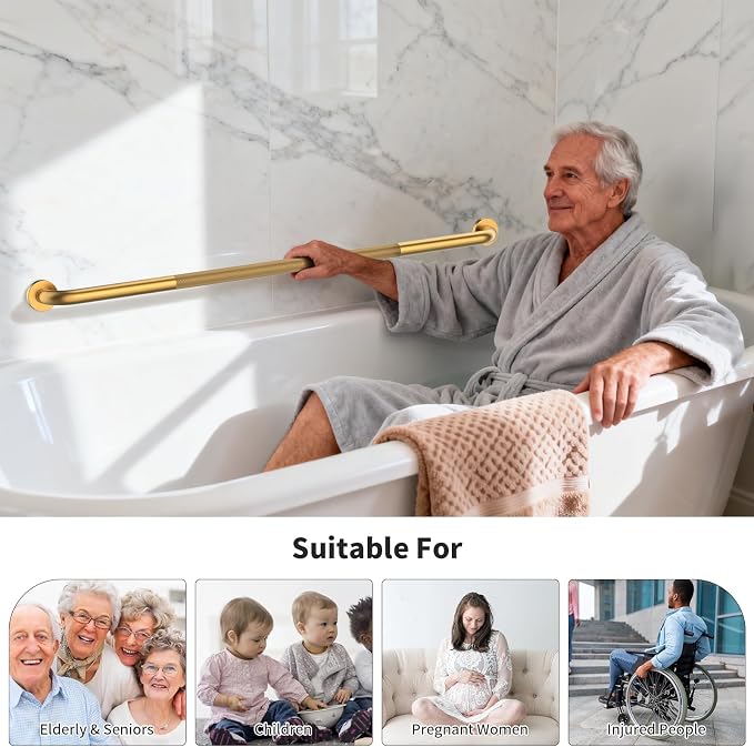 48 Inch Anti Slip Shower Grab Bar, Munzong Bathroom Grab Bar for Wall, Gold Knurled Handicap Balance Bar,Safety Hand Rail Support Elderly Senior Assist Bath Handle