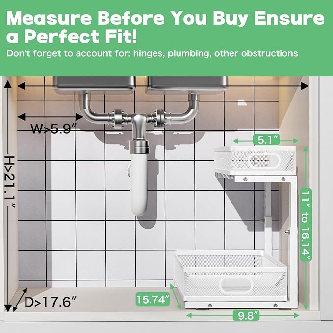 Under Sink Organizer, High Adjustable 2 Tier Under Sink Organizers and Storage, Slide out Metal Cabinet Organizers, Pull out Storage Drawer Shelf for Kitchen Bathroom Cabinet (1, White)