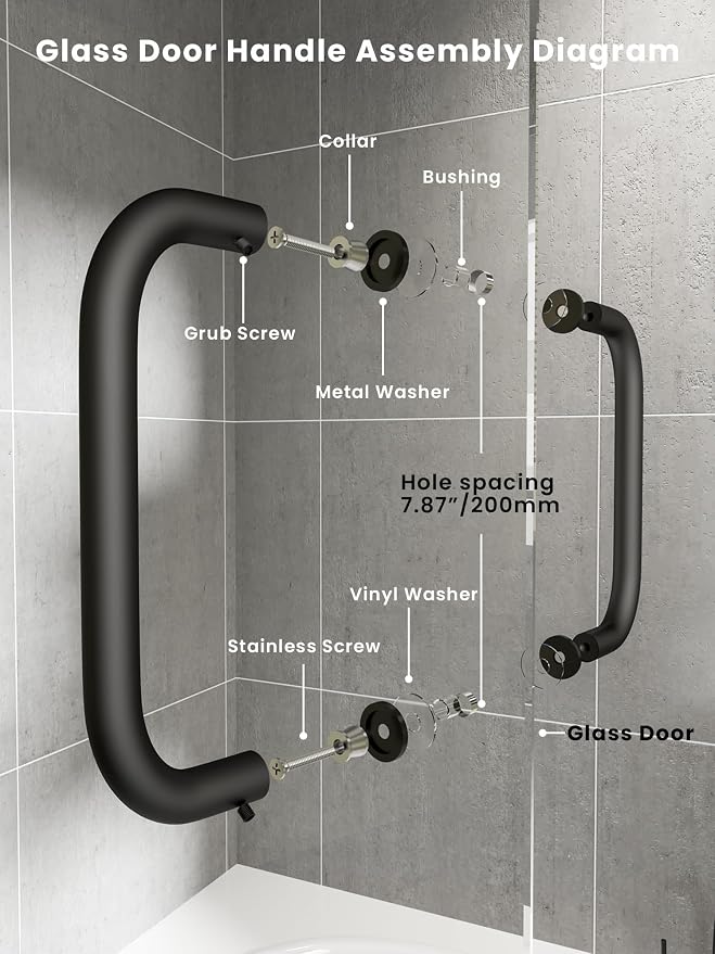 Shower Door Handle, 8 Inch Hole Centers (CTC), 304 Stainless Steel Back-to-Back Glass Door Pull Replacement Hardware for Frameless Sliding Bathroom Doors, Heavy Duty Tubular Grip, Matte Black