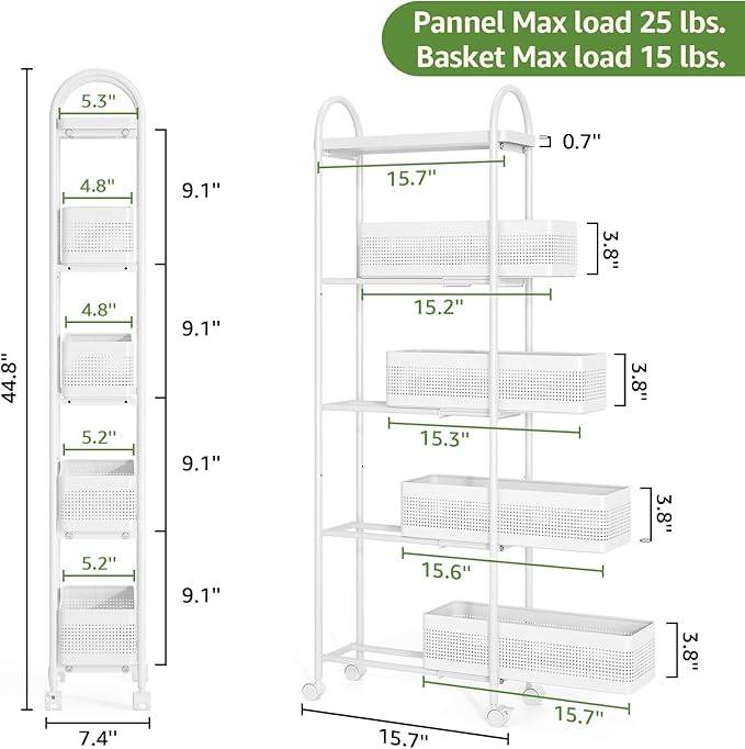 KINGRACK 5-Tier Slim Storage Cart with Pull Out Basket, Rolling Bathroom Organizer Utility, Metal Shelving Unit Slide Out, Lockable Wheels, Easy Assembly for Narrow Place, Kitchen, Laundry Room, White