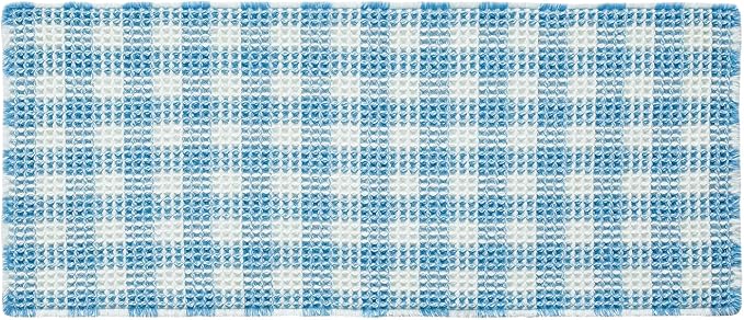 TYUU Waffle Runner Rug Bathroom, Long Boho Bathroom Rugs Non Slip Washable Absorbent Checkered Bathroom Mat Quick Dry Cute Bath Mat, 60"x24" Blue and White