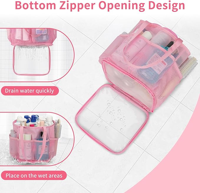 Mesh Shower Caddy Portable for College Dorm Room Essentials, Hanging Shower Caddy with Waterproof Phone Pouch, Large Capacity Shower Bag Basket Tote for Bathroom, Gym, Camping, Swimming, Beach, Pink