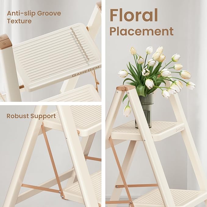 2 Step Ladder, 2 Step Stool for Adults, Folding Step Ladder with Secure Footing, Widened Pedal, Aesthetically Pleasing Looking, Blends Right into Domestic Rooms, Cream Chocolate