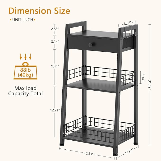 Gewudraw 3-Tier Ladder Shelf with Drawer, Bathroom Table Stand for Small Space, Standing Bathroom Shelves with Storage for Living Room Kitchen Bedroom, Organizer Shelf, Black