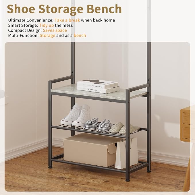 Hall Tree with Shoe Storage Bench - Entryway Bench with Coat Rack and Hooks - 3-in-1 Small Hall Tree for Entry Way, Entrance, Hallway, Doorway, Front Door, Mudroom, Small Space - Greige
