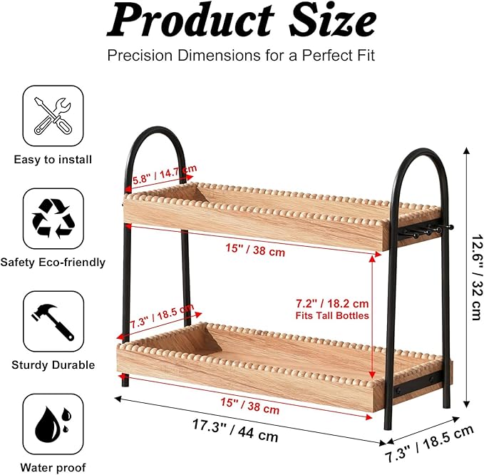 2-Tier Vanity Organizer Countertop for Perfume & Makeup, 17.3" Wooden Tray with 8 Jewelry Hooks for Dresser Bedroom, Elegant Skincare Storage Shelf for Women Coffee Bar Kitchen (Light Brown & Black)