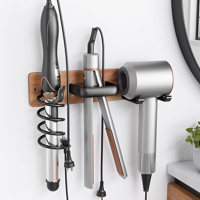 Tindbea Hair Dryer Holder Wall Mount Aluminum Alloy Hot Tools Organizer | Sapele Wood, Matte Black