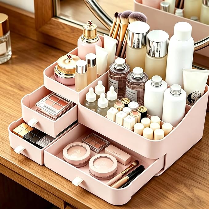 Makeup Organizer with Drawers, Bathroom Counter Organizer, Plastic Cosmetic Display Case, Large Skincare Storage for Vanity Countertop, Ideal for Bedroom Dresser top and Desktop