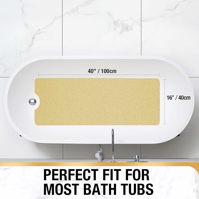 HITSLAM Non Slip Bathtub Mat 40 x 16 Inch, Extra Long Bath Mat for Tub, Soft PVC Loofah Shower Floor Mat with Drain, Quick Drying Bathroom Tub Mat for Wet Area, Without Suction Cup, Beige