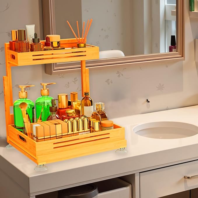 Under Sink Organizer, Premium Bamboo Wood Pull Out Cabinet Organizer, 2 Tier Slide Out Sink Shelf Cabinet Storage Shelves, Under Sink Storage for Kitchen Bathroom Cabinet