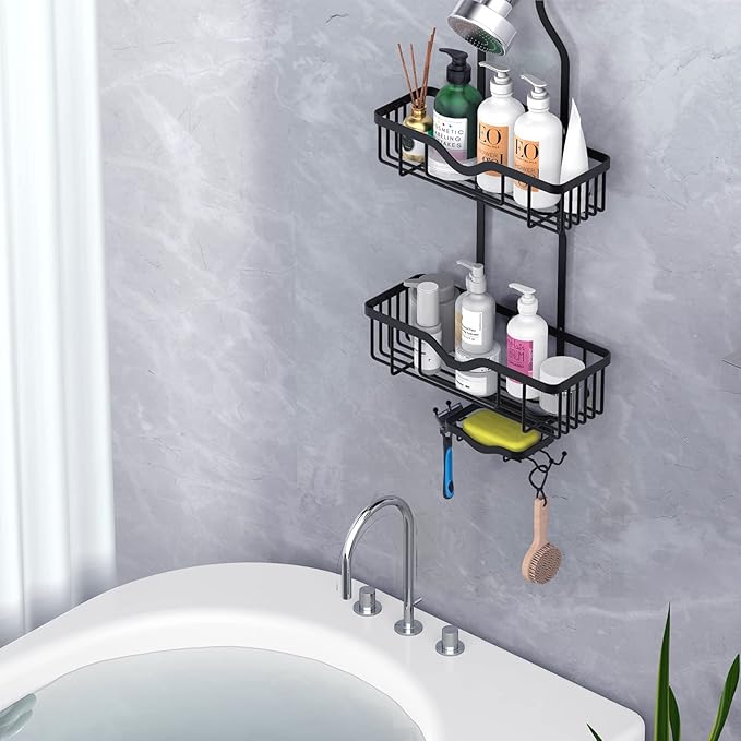 Shower Caddy Hanging, Bathroom Organizer Rack, Shower Rack with Soap Dish, Over The Showerhead Caddy with Hooks for Razor/Sponge, Matte Black (Assembly Required)