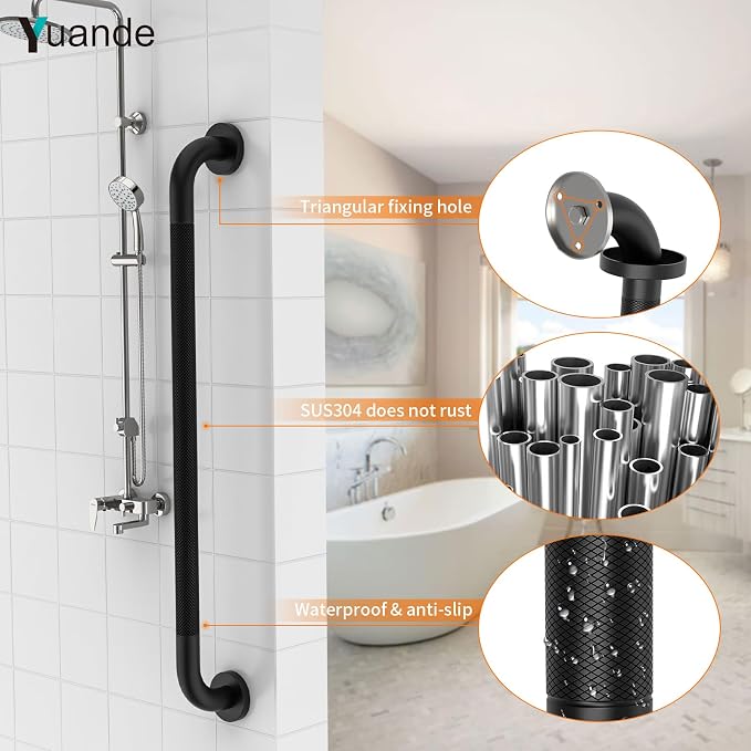32 Inch Black Shower Grab Bar with Anti-Slip Knurled Grip,YuanDe Stainless Steel Bathroom Grab Bars，Shower Handrail Support, Handicap Elderly Balance Assist Handles