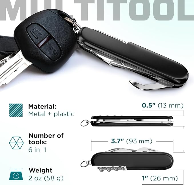 Small Pocket Knife 6 in 1 - Keychain Multitool - Compact Kids Pocket Knife with Bottle Opener, Can Opener, Corkscrew, Phillips Screwdriver - EDC Gift for Men, Women, Camping, Hiking, Travel - 5005